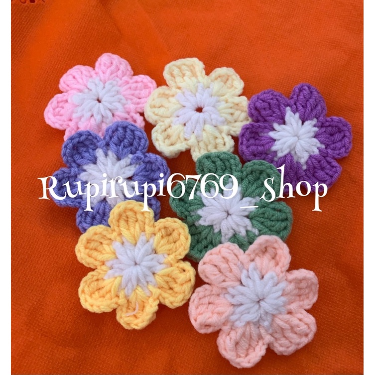 Aplikasi bunga rajut daisy bahan cotton milk diameter 6cm