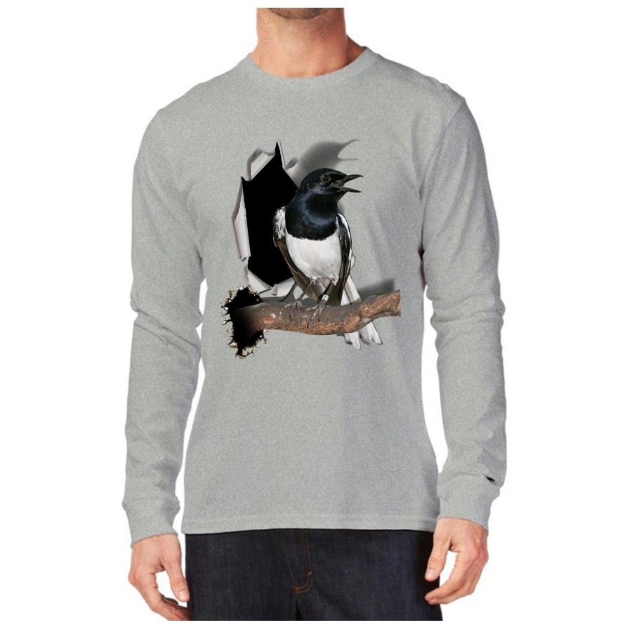 Termurah Kaos 3D Burung Kacer Poci Lengan Panjang Hitam Shopee