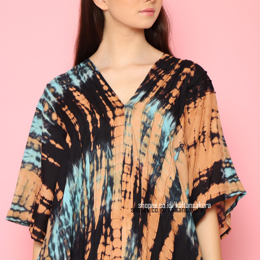 KAFTAN TIE DYE ORIGINAL BALI RAYON HOME DRESS HITAM ORANGE TIE DYE WANITA CASUAL 2021 BY KAFTASAKURA