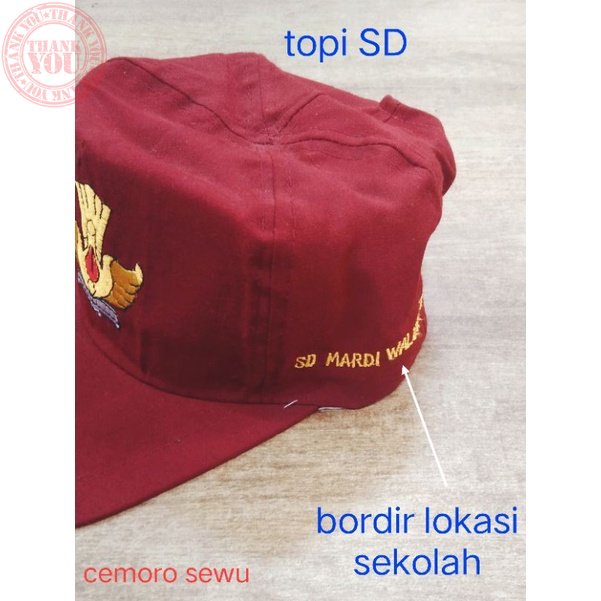 Custom topi seragam sekolah bonus bordir lokasi sekolah plus nama di samping kanan kiri Terbaru Bord