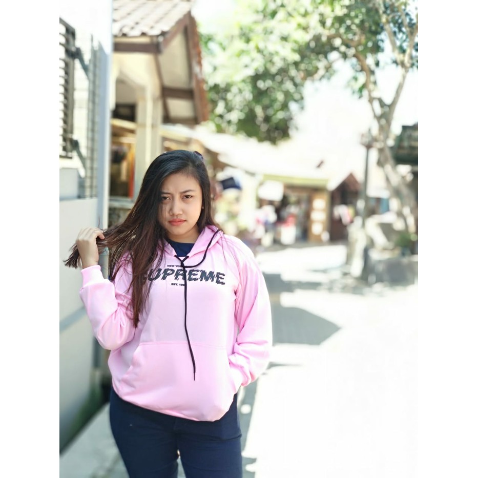 Sweater Hoodie Cewek Supreme Pink