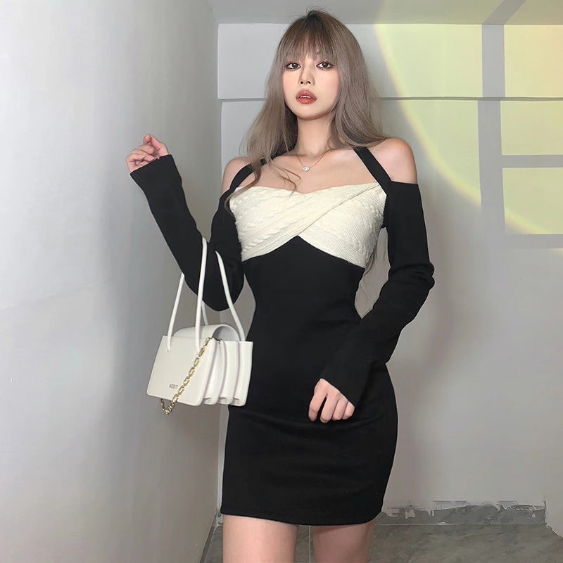 Gaun lengan panjang leher halter retro Prancis dengan kontras warna yang hati-hati, pinggang ramping