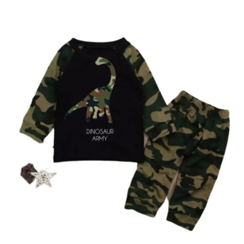 BAJU SETELAN ANAK LAKI LAKI DAN PEREMPUAN 1-5 THN MOTIF DINO ARMY PANJANG-Hitam