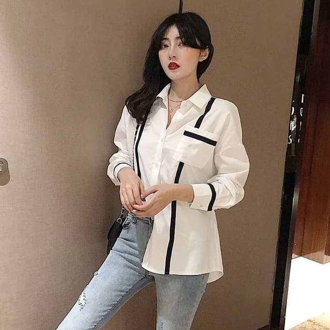 Cleo HEM Wanita Murah KEMEJA Atasan Remaja Hitz Kekinian Hem Kancing Panjang Cewek Terbaru