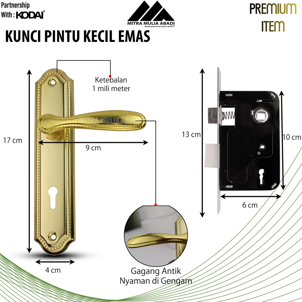 Kunci Pintu Kecil Emas Antik TOP Safety Lock | Komplit Full Set