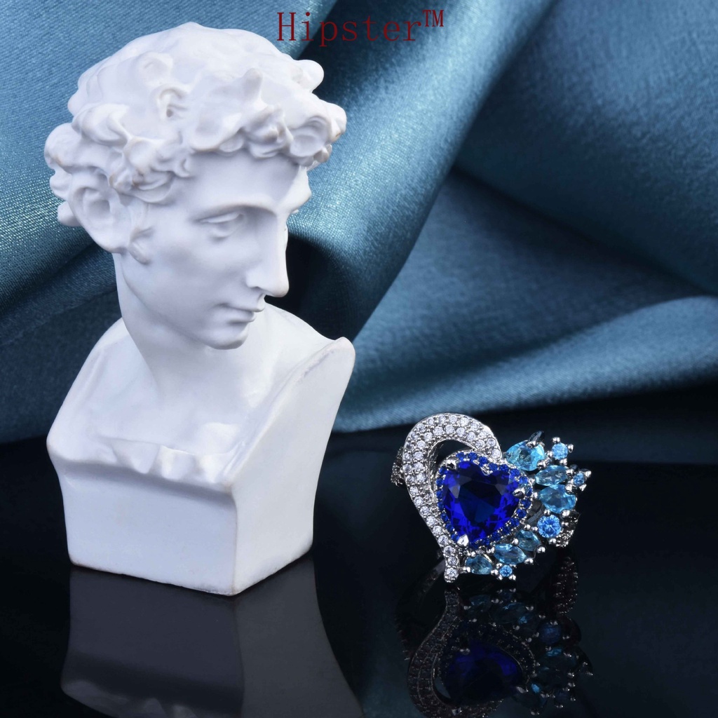 High-End Temperament Natural Dark Blue Gemstone Love Heart-Shaped Full Diamond Ring