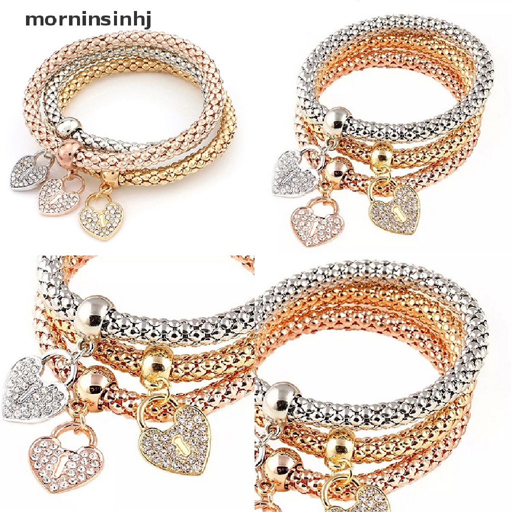 Mornin 3pcsset Gelang Bangle Elastis Dengan Charm Hati Aksen Berlian Imitasi Untuk Wanita