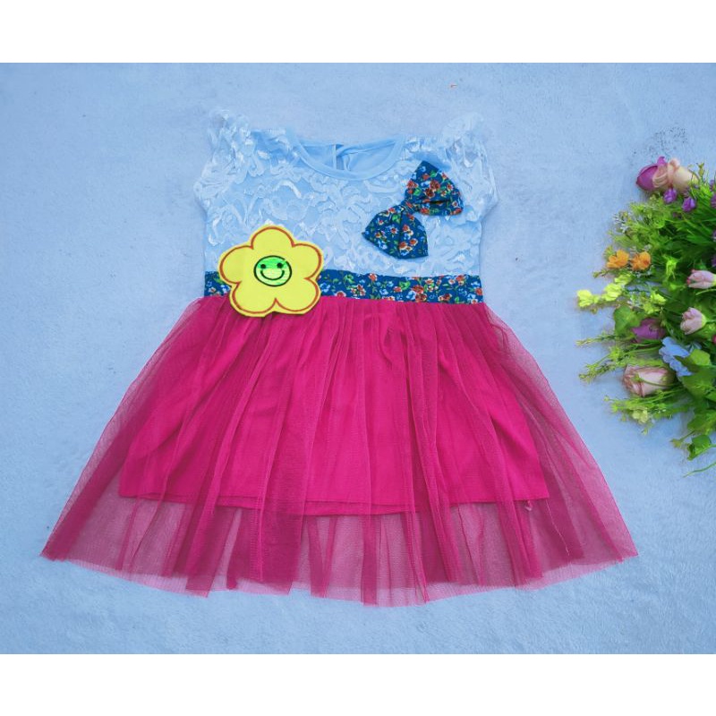 Dress anak 1 2 Tahun tutu tile  perempuan bunga matahari smile pita tutu murah pesta unyu brokat anak (Dress Sunflowers)