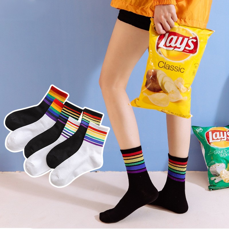 (COD) Kaus kaki Wanita kasual Warna permen kaos kaki bergaris-garis Socks katun D51