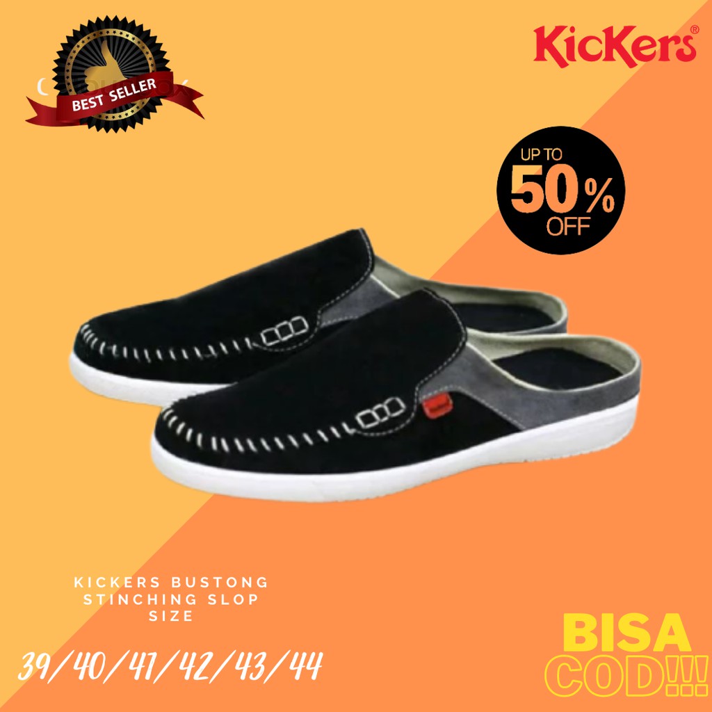 Sepatu Pria Kickers Stiching Bustong Hitam Suede Slop Tutong Kasual Santai Selop Kondangan Cowok