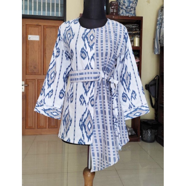 Batik wanita ASJ SA HRB026 Kenongo Kemeja Tosca Pendek-Raster biru