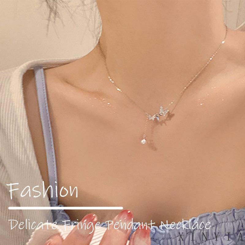 【COD】mode Korea Kalung Rantai Choker Liontin Kupu-Kupu Kristal Mutiara Warna Silver Untuk Wanita Kalung Rantai Klavikula