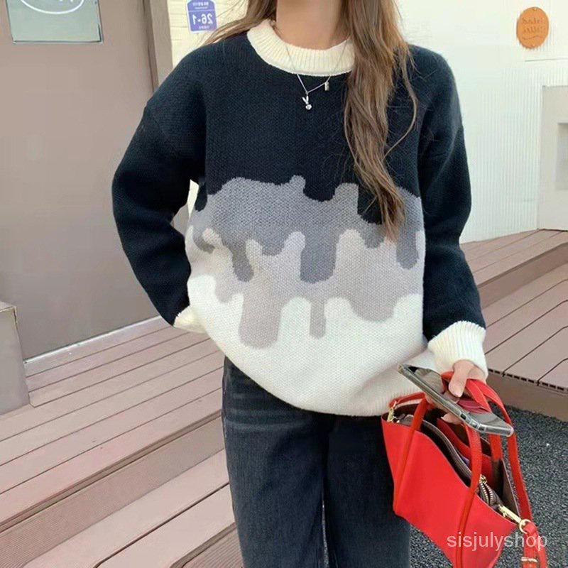 #Sisjuly# Wanita Baru Kasual Gradien Colorblock Knit Crew Neck Sweater Pullover Lengan Panjang