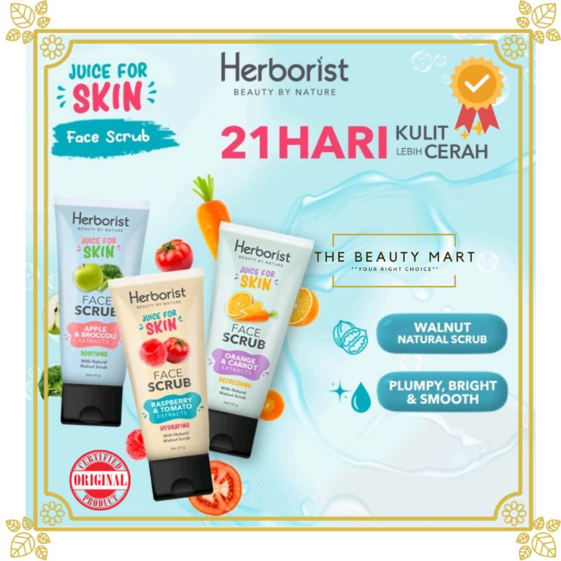 HERBORIST Juicy for Skin Face Scrub 60g | Raspberry and Tomato | Orange and Carrot | Apple and Brocolli