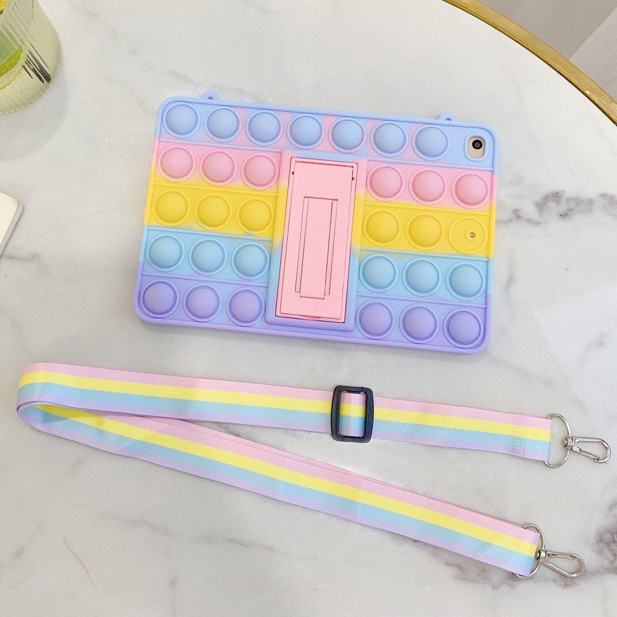 Samsung Galaxy Tab A7 Lite 8.7 2021 SM-T220 T225 Lanyard Rainbow Pattern Soft Silicone Case With Stand 3D Decompression Particle Shockproof Cover-Rainbow