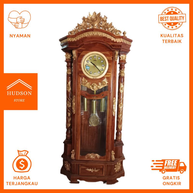 Jam Hias Besar Ukiran Mawar Oyot Kayu Jati