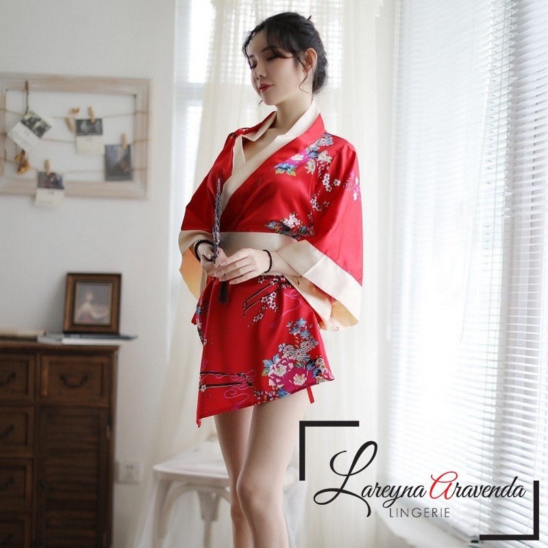 Set Lingerie Seksi + G String Model Kimono Premium Sabuk Besar Satin Jepang LG109