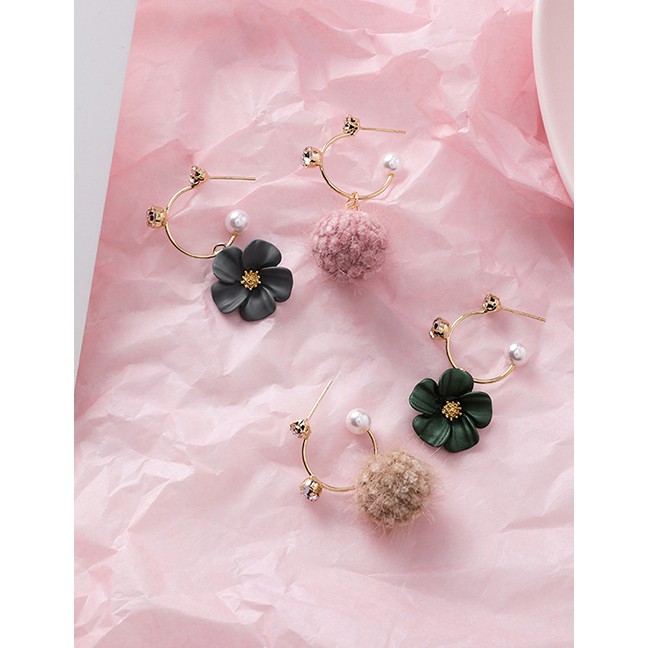 LRC Anting Tusuk Fashion A Pink Fur Ball Pearl Asymmetric Flower Hair Ball Earrings D63789