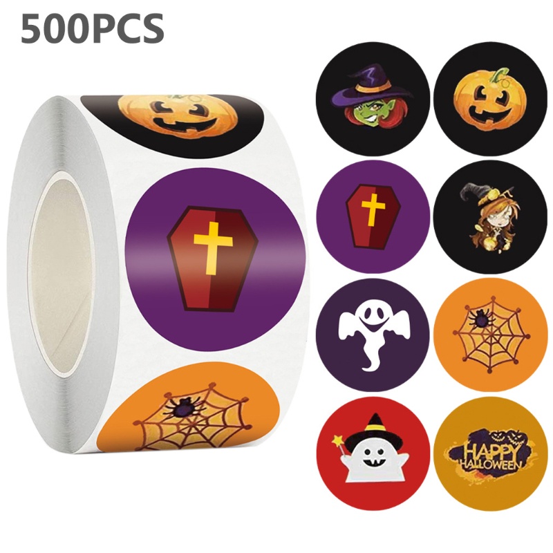 500pcs / roll Stiker Label Desain Labu Hantu Happy Halloween 8 Desain Untuk Dekorasi