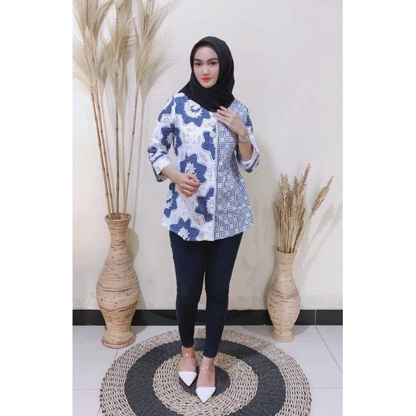 tey-17 Batik wanita ASJ SA HRB026 Kenongo Kemeja Tosca Pendek / Batik Usman-Dapel Biru
