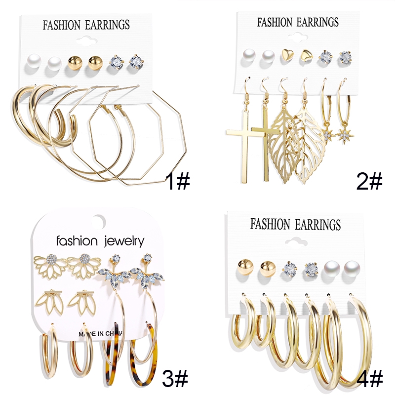 6 Pairs / Set Alloy Tassel Earring Suit Circle Sequin Pearl Acrylic Zircon Stud Earring Accessories