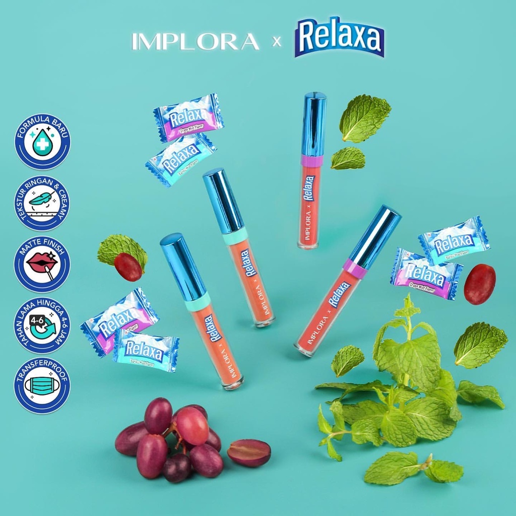 IMPLORA X RELAXA Matte Lipcream Indonesia / Limited Edition 2.9g / Lip Cream Lipstick Lipstik Lips Gincu Bibir / Barley Grape Series 1 Set Paket Lengkap / Cosmetic Makeup Tint Velvet Crayon Satin Gloss Glossy Stain Balm Plumper Serum / Urban Cheek Jelly