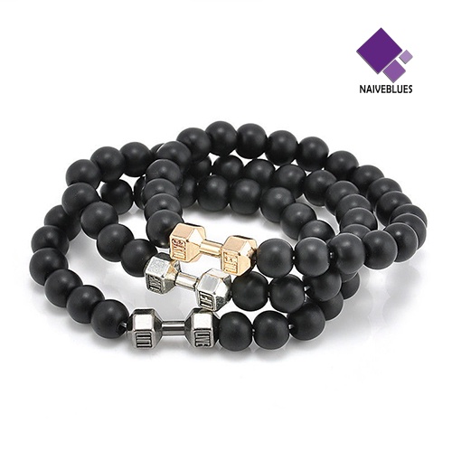 Naiveblue &gt; Gelang Tangan Unisex Dewasa Manik Batu Hitam Matte Adjustable Untuk Fitness / Gym