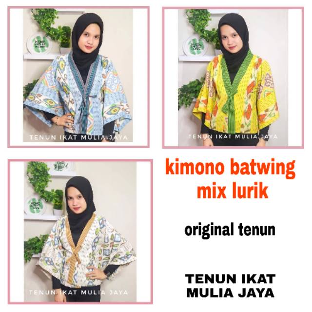 Kimono batwing mix lurik ZAHYA warna soft biru, kuning, putih