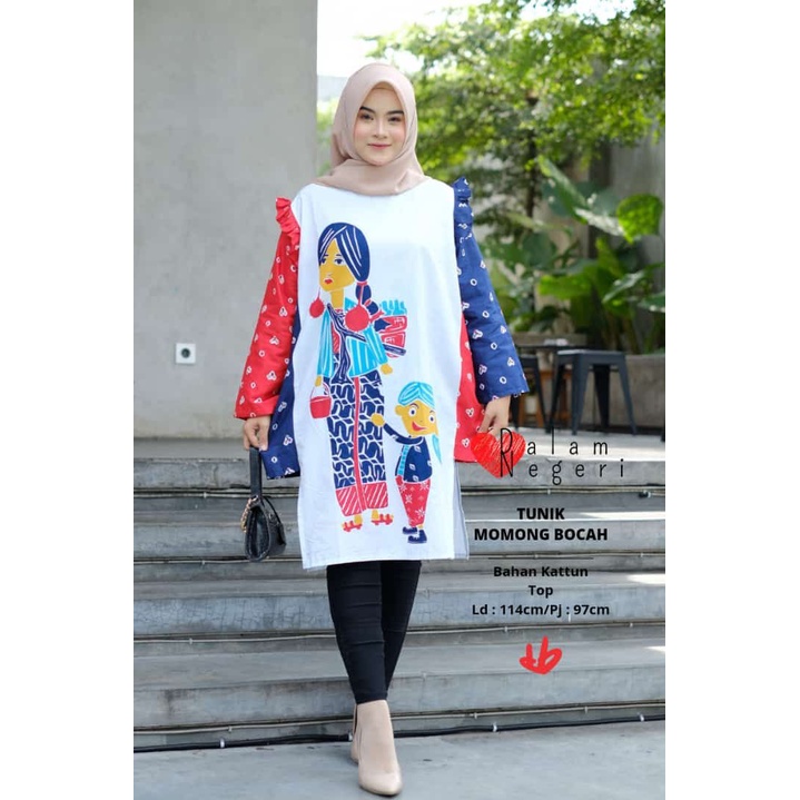 PREMIUM Tunik Katun MOMONG BOCAH MBOK JAMU Merah Kombinasi Jumputan Batik Katun Halus Dress Lengan Panjang