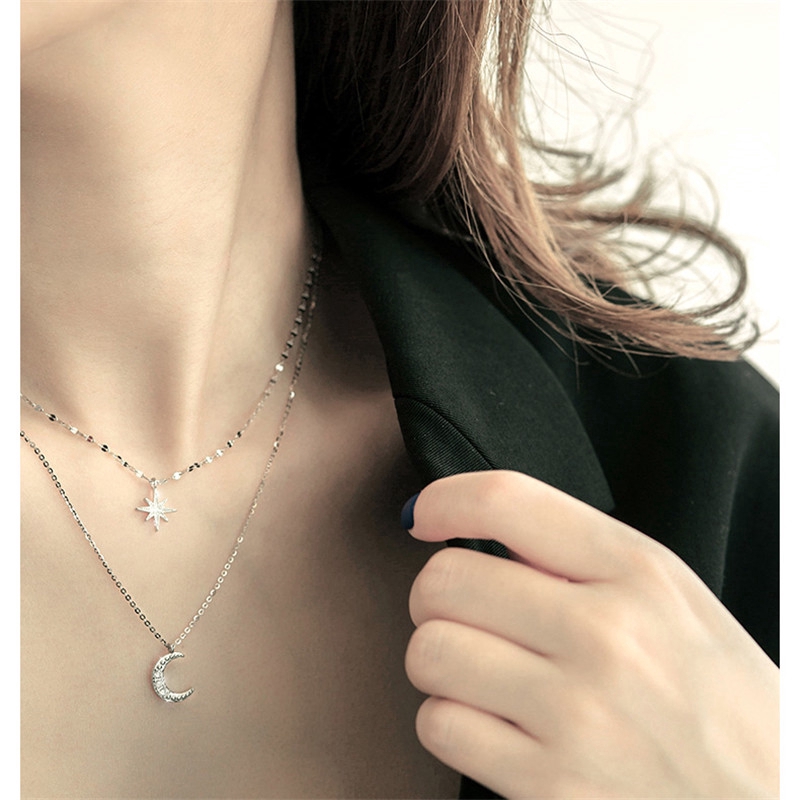 Fashion Aksesoris S925 Sterling Silver Kalung Double Moon Bentuk Bintang Desain Sederhana dan Serbaguna