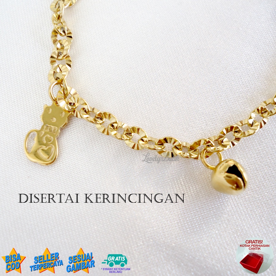 Lovelybutik Gelang Anak Perempuan Titanium Asli Anti Karat Gelang Tangan Anak Kitten Kecil Krincingan Rantai Nori Donat Ukuran 15 Cm BONUS TEMPAT PERHIASAN