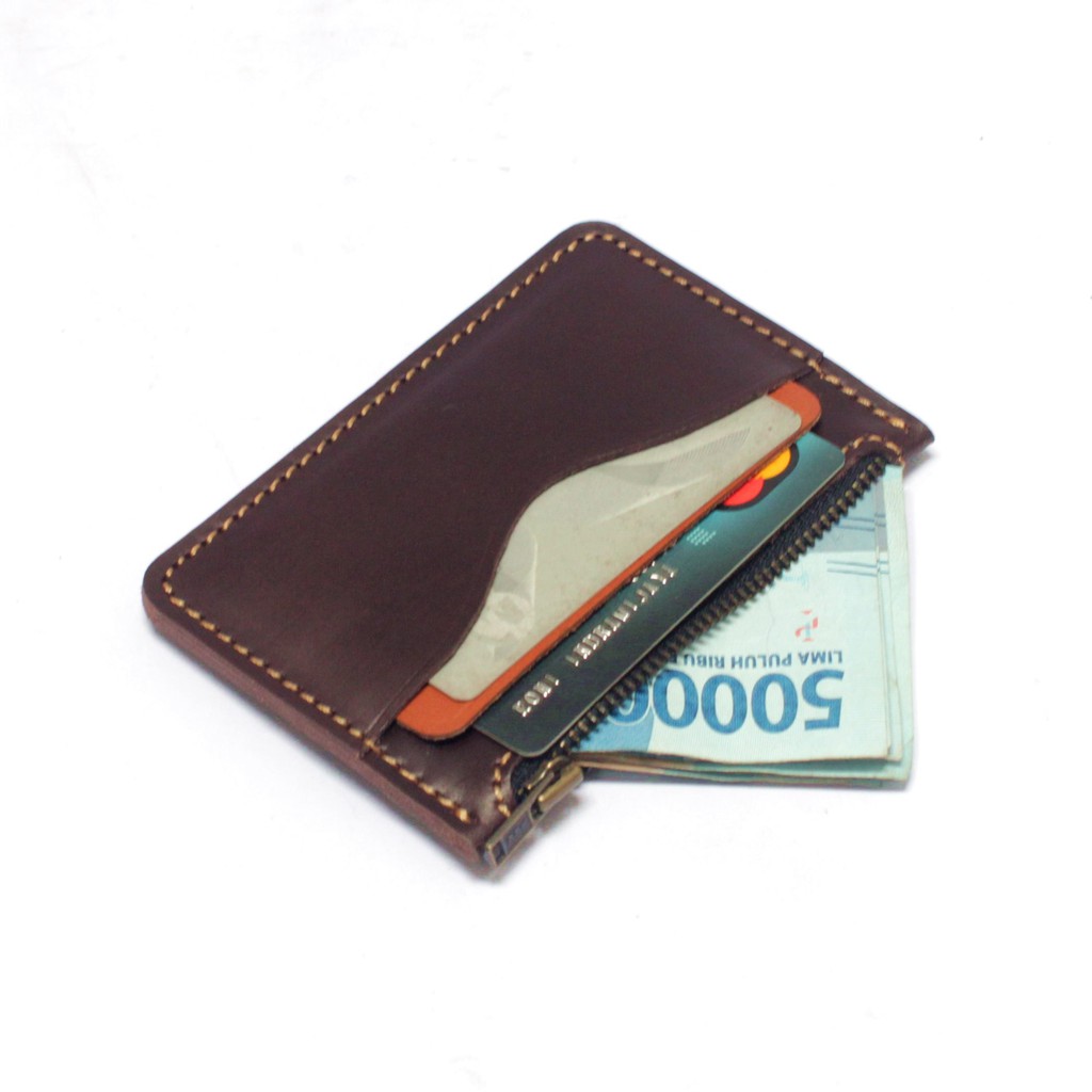 dompet kartu zipper resleting kulit asli coklat tan - PHWL687