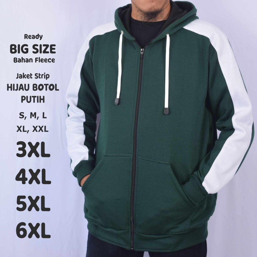 Jaket Hoodie Strip Hijau Botol Putih Pria Jumbo Big Size - Hijau Botol