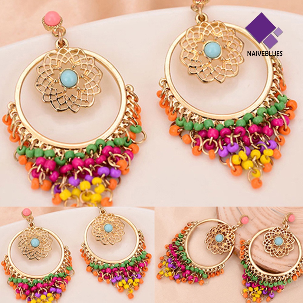 Naiveblue &gt; Anting Gantung Panjang Tusuk Gaya Boho Motif Ukiran Aksen Manik-Manik Untuk Perhiasan Wanita