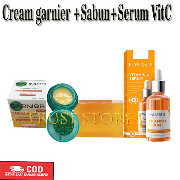 Paket Cream Garnier Siang & Malam Plus Sabun Orange MIni Plus Serum Vit C