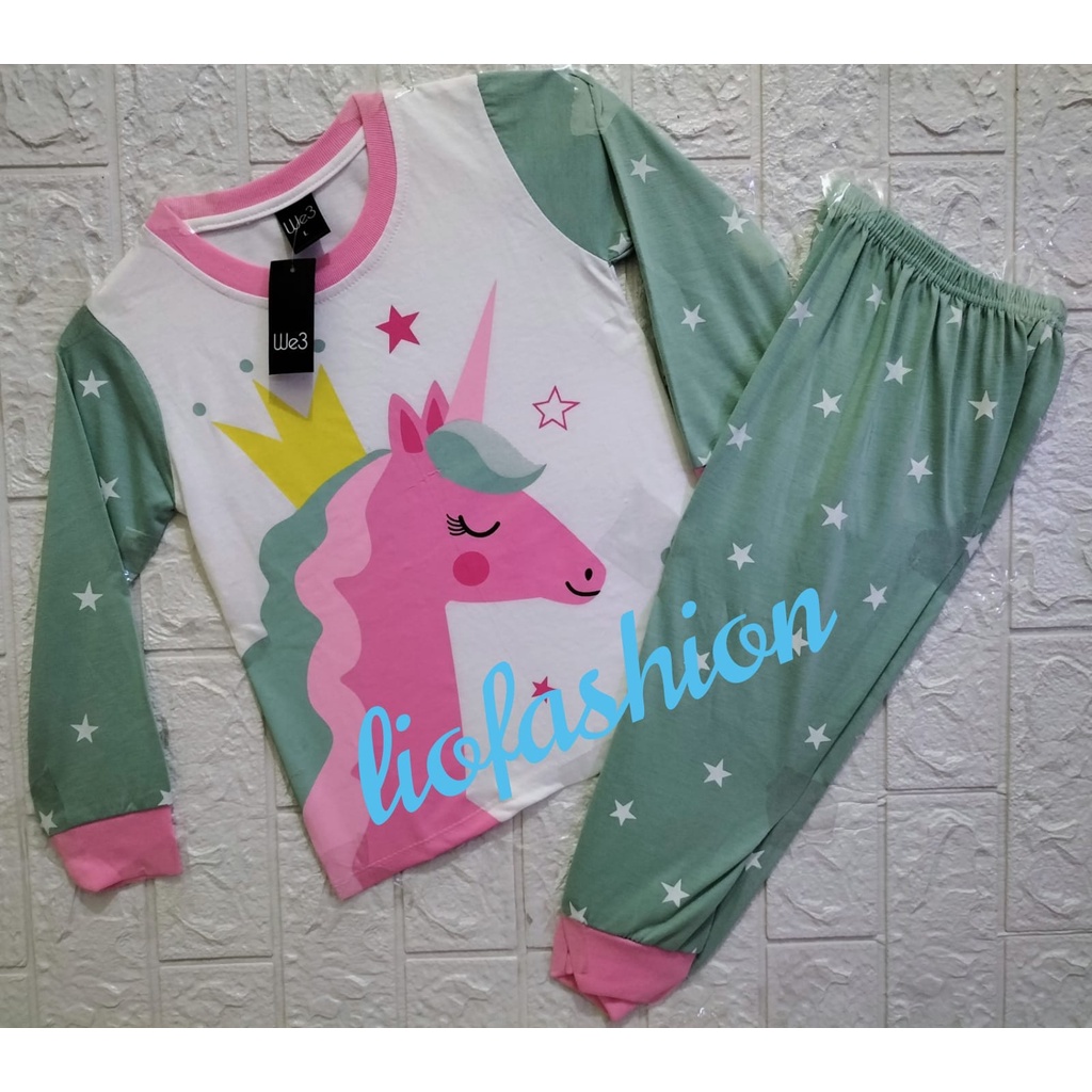 We3 Setelan Stelan Baju Tidur Piyama Anak Perempuan Tangan Celana Panjang 1-10Th Pink Unicorn