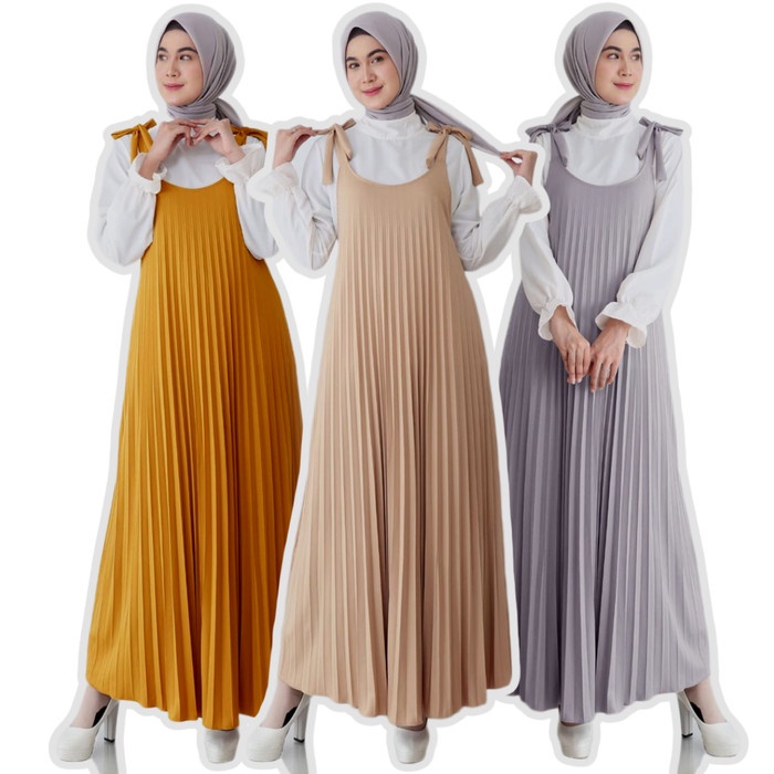 BAJU GAMIS WANITA GAMIS PLISKET GAMIS MAXY OVERAL PREMIUM MURAH - CREAM