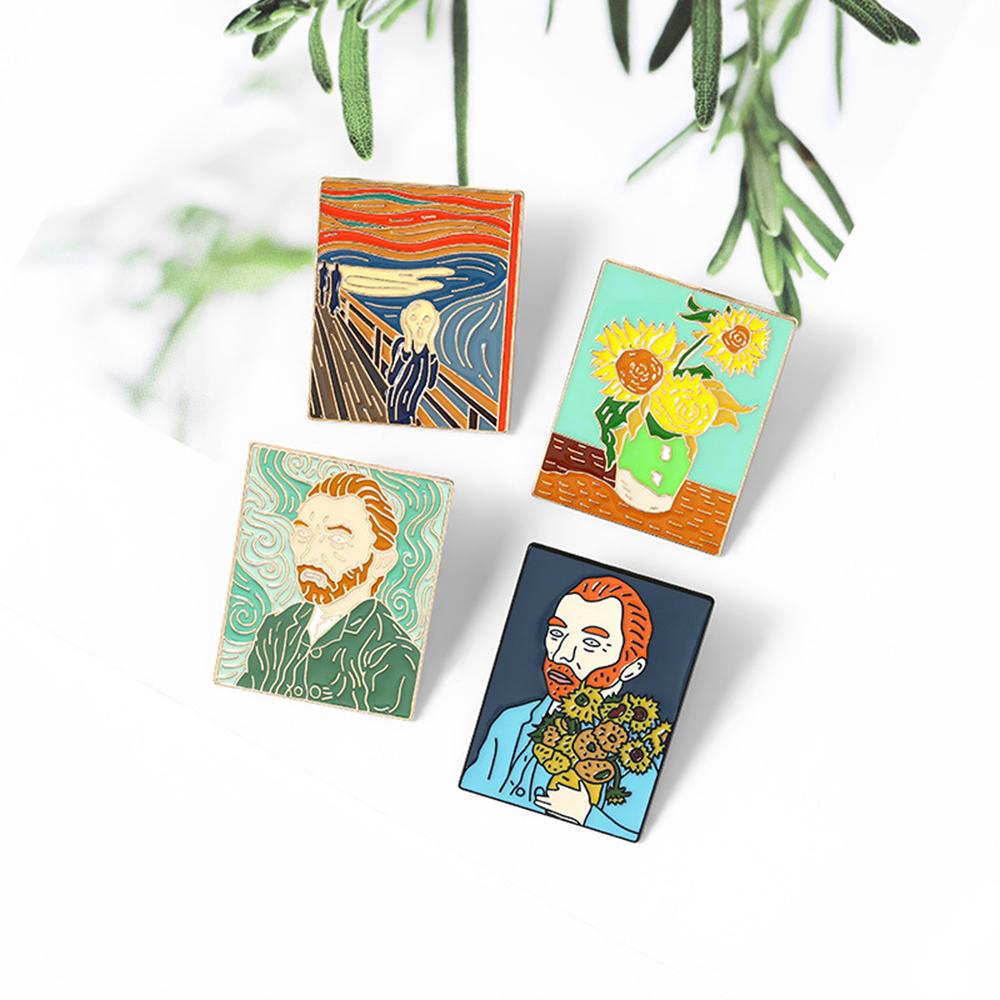 Lily Van Gogh Bros Bunga Matahari Alloy Perhiasan Bros Lukisan Enamel Lencana