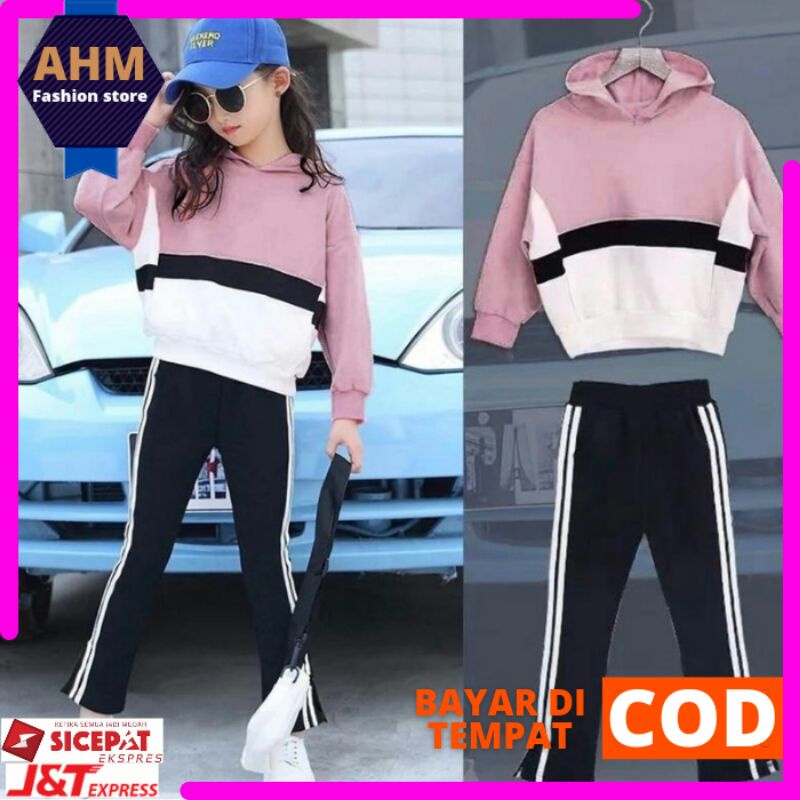 baju setelan Hoodie anak perempuan set anak kekinian 8-12 tahun a086