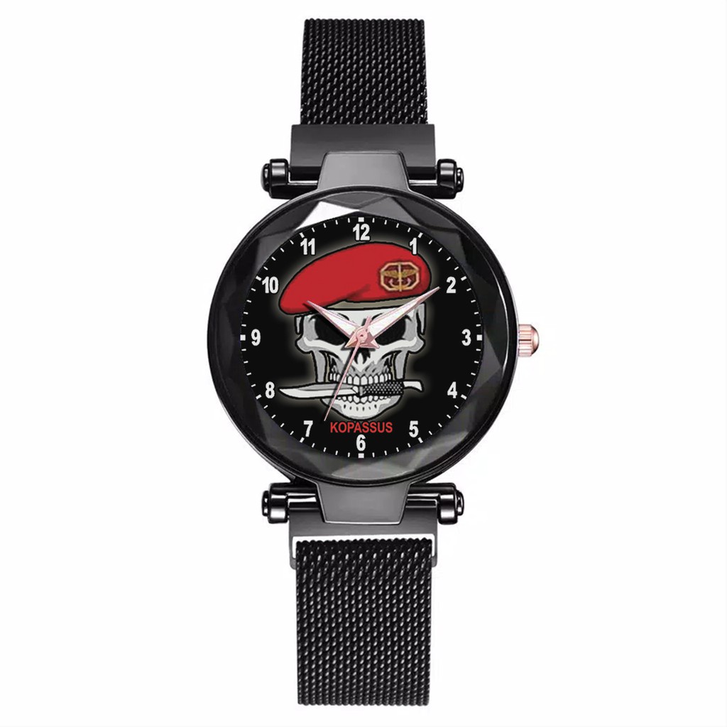 Jam Tangan Wanita Custom - KOPASSUS BAYGROUND HITAM Free Box &amp; Batre Cadangan