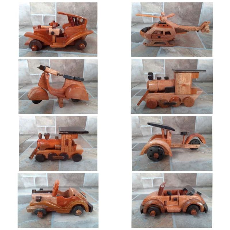 Mainan Kayu/ Miniatur Kayu/ becak/ mobil/ kereta/ Pesawat/ Vespa Kayu