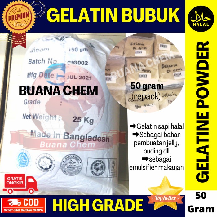 

Gelatin Bubuk Halal Bloom 150 50 gram / Gelatine Powder