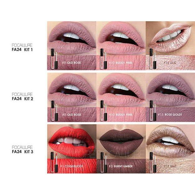 (READY &amp; ORI) Focallure 3Pcs Lip Matte Lipstick Crayon Nude Kado Gift Kit 3 warna Shade - FA24 FA 24 Lip Matte Lip Cream Tahan Lama Waterproof