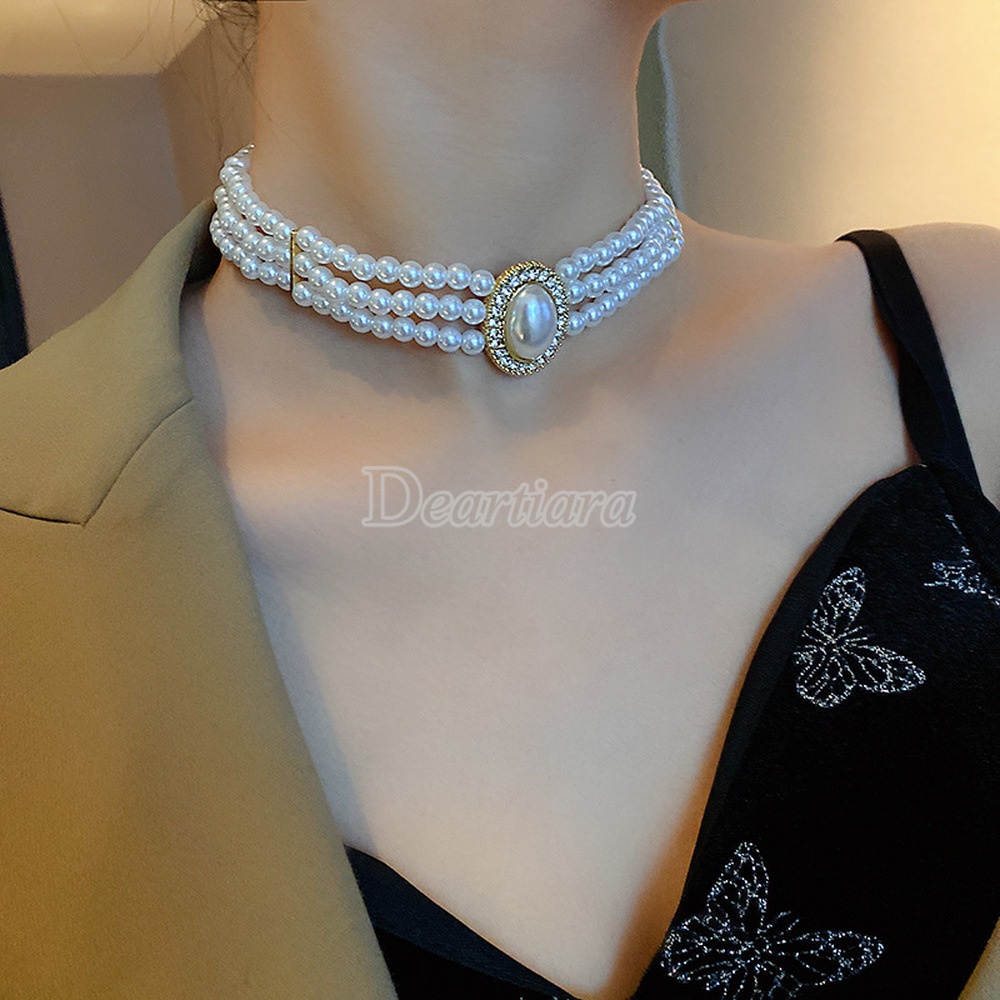 Kalung Multilayer Aksen Mutiara Dan Berlian Gaya Retro Untuk Wanita