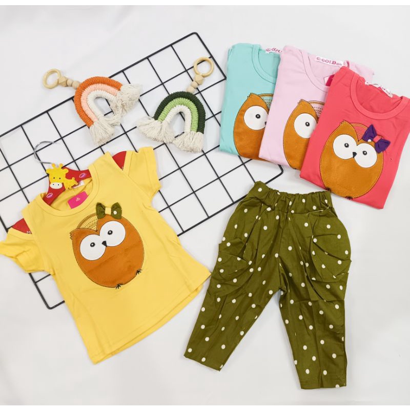 Set Baju Anak Perempuan Owl Jogger Polka 1 2 3 4 tahun - Set Baju Celana Anak Lucu