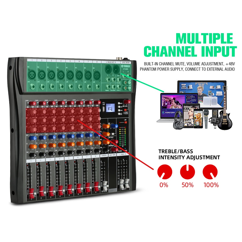 CT80S Pengaduk Audio Profesional 8 saluran mixer Efek gema bawaan Mendukung pemutaran Bluetooth/UBB/PC/MP3 Dukungan untuk penggunaan di dalam kendaraan Peralatan bernyanyi KTV pertunjukan luar ruangan