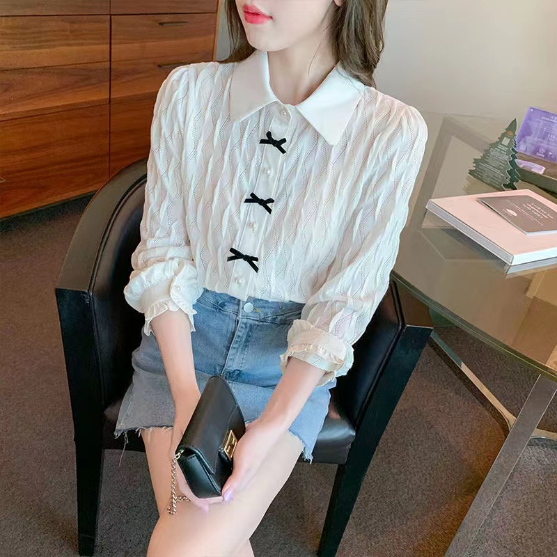 yikoo-Kemeja korea kancing busur elegan shirt blouse wanita atasan