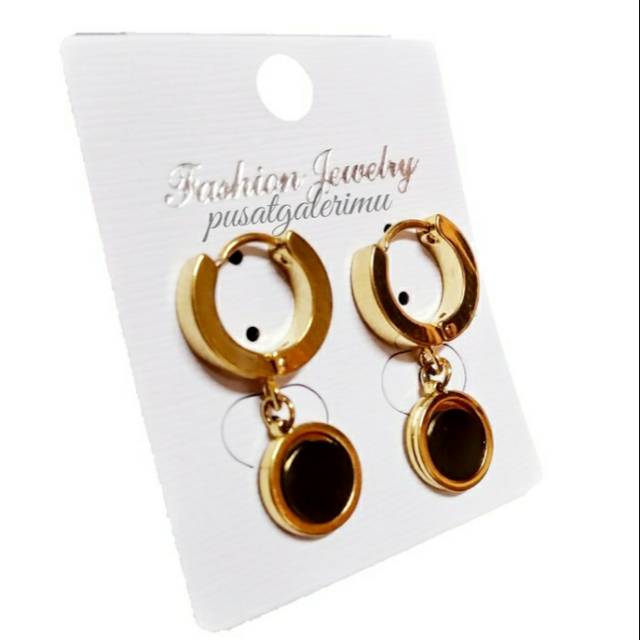 Anting Tiitanium Permata Bulat Hitam Warna Gold FREE BOX