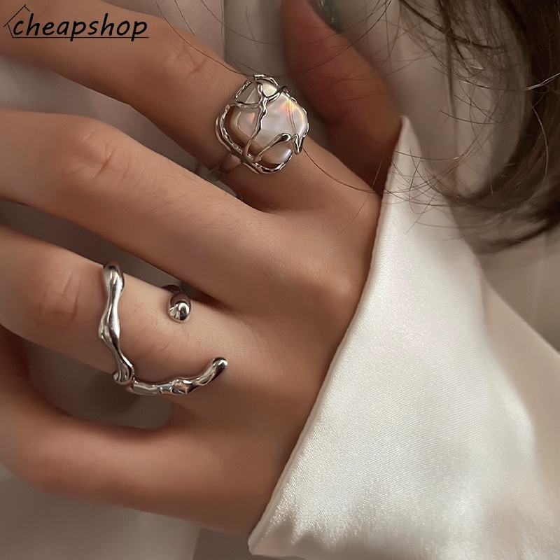 IFYOU 2pcs / set Cincin Jari Bentuk Bulan Mutiara Warna Silver Gaya Korea Untuk Wanita