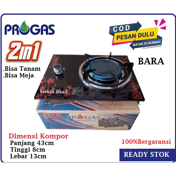 Kompor Gas Progas 1 Tungku BARA Kompor Tanam 2in1 Tempered Glass api-biru-new